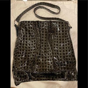 Black and gray patent leather croc embossed bag.